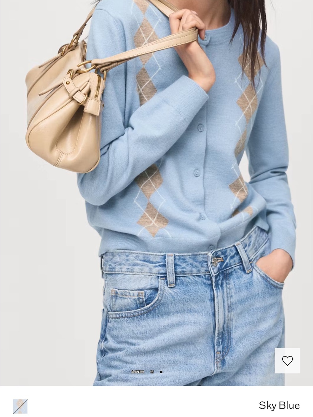 Mango Light Blue Argyle Button Cardigan with Tan Diamonds